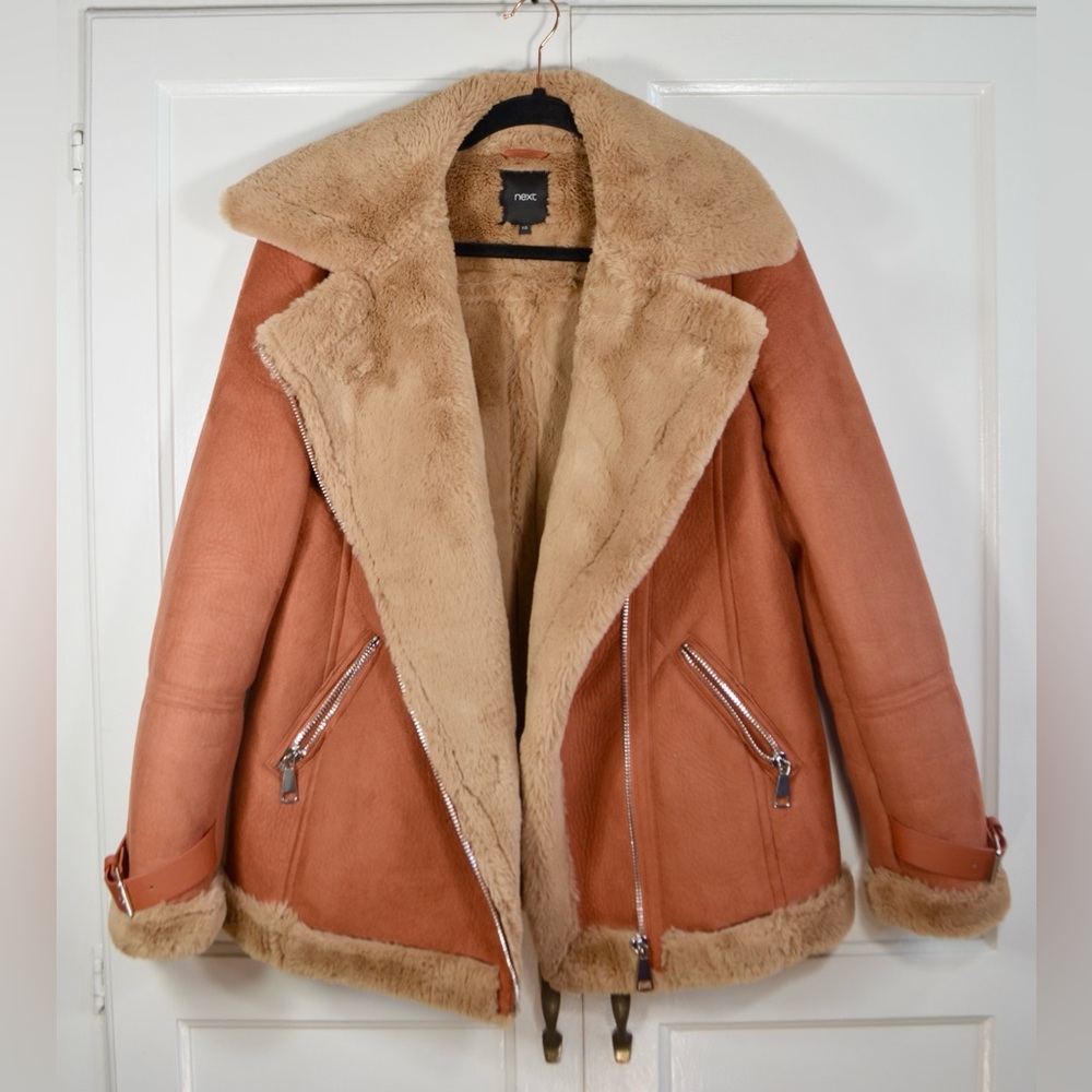 NEXT Aviator Jacket Coat Faux Fur Shearling Lining UK 10 US 6